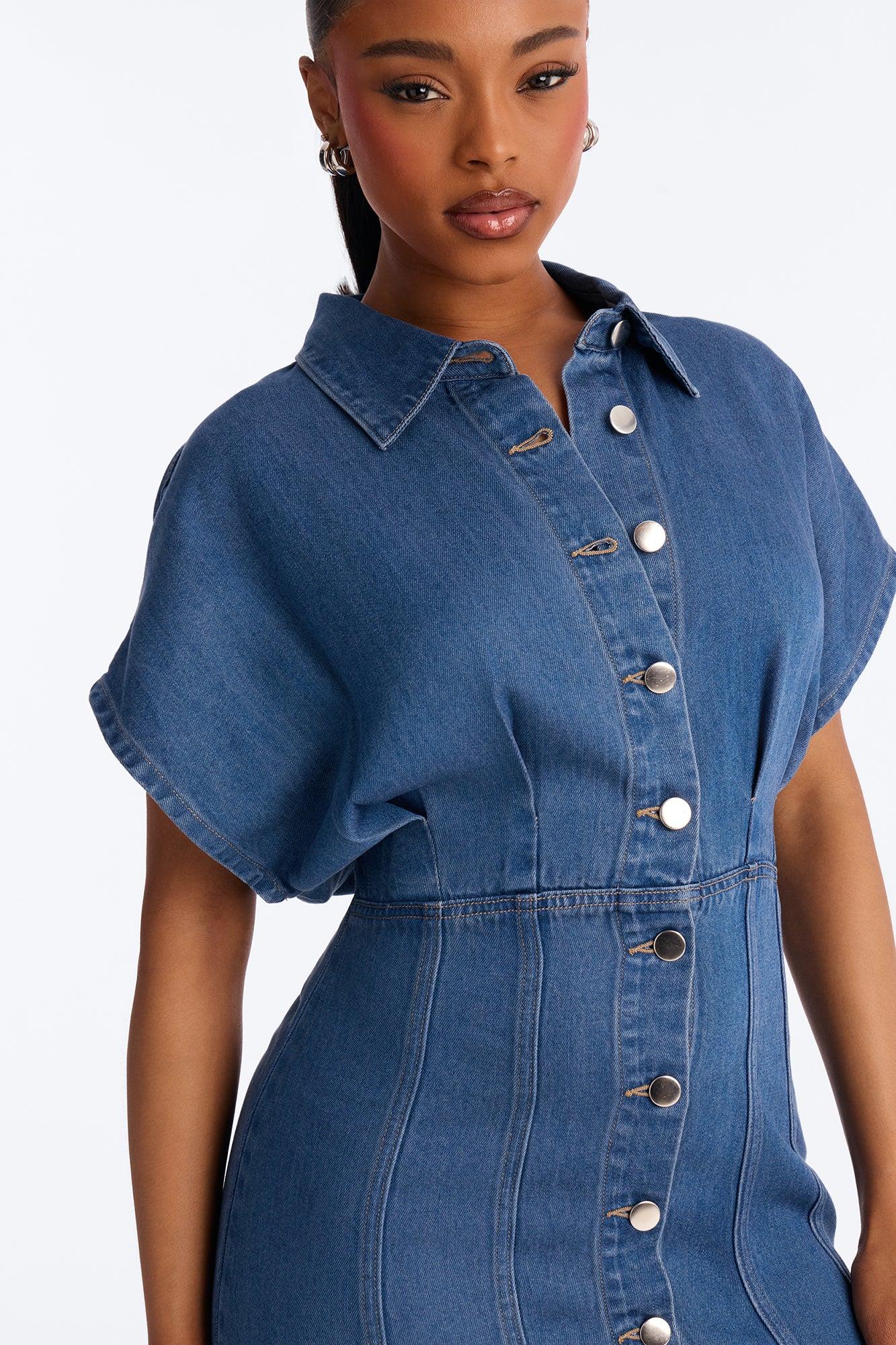 Allise Short Sleeve Denim Mini Dress - Denim Female Product Image