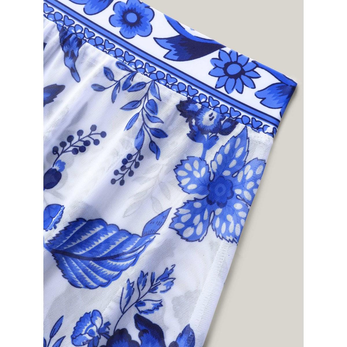 Plus Size Two-Piece Floral Print Ruched Mesh Swimsuit, Sarong Women's Swimwear Indigo Resort Gathered Curve Bathing Suits High stretch One Pieces BloomChic 14-16/1X Product Image