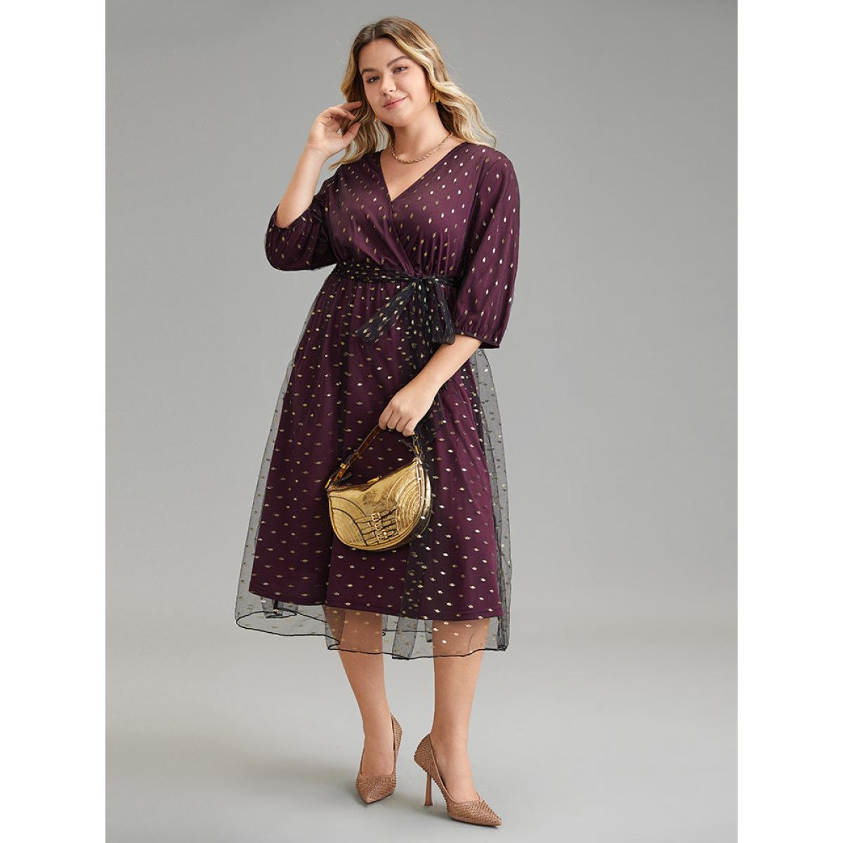 Plus Size Geometric Tiered Mesh Belted Wrap Dress RedViolet Women Glamour Elastic cuffs Overlap Collar Elbow-length sleeve Curvy Midi Dress BloomChic 14-16/1X Product Image