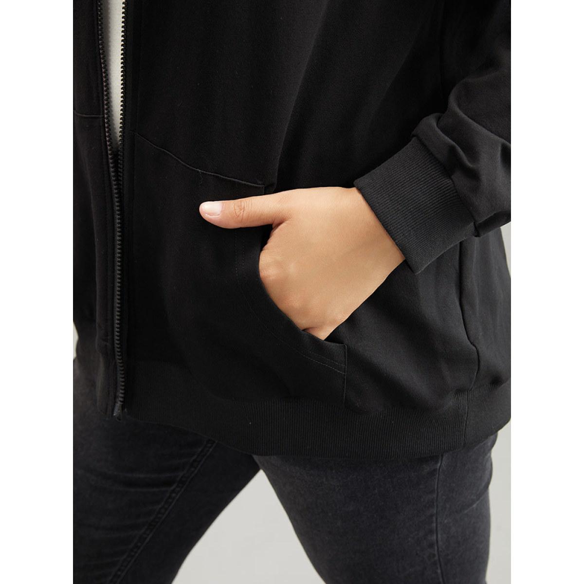 Plus Size Cotton Solid Pocket Hooded Sweatshirt Women Black Casual Elastic cuffs Hooded Dailywear Sweatshirts BloomChic 30/6X Product Image