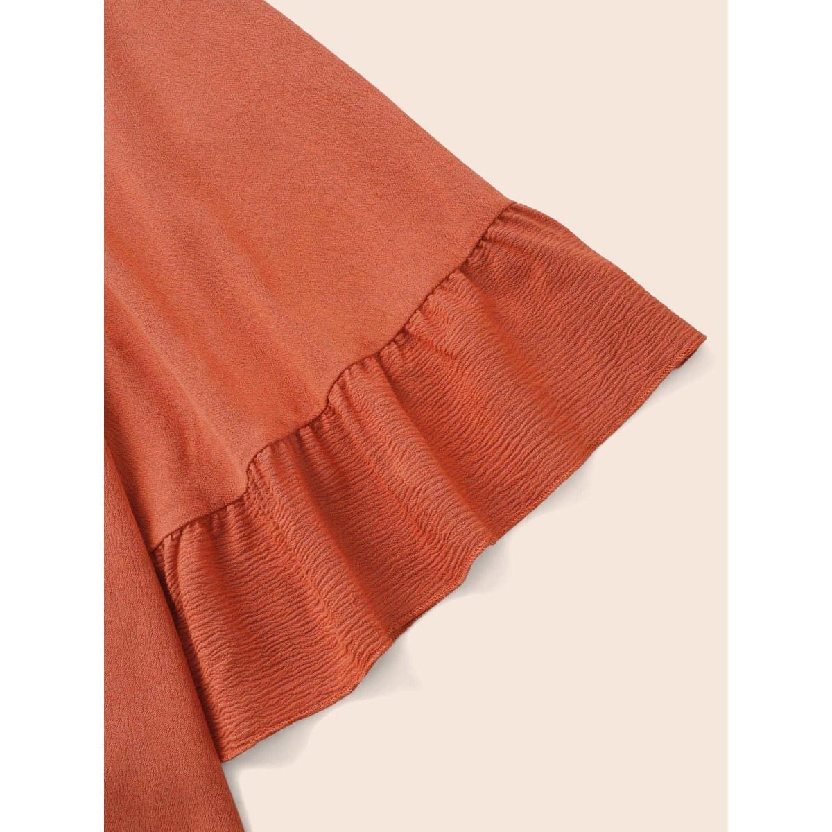 Plus Size Coral Broderie Anglaise Patchwork Ruffle Sleeve Blouse Women Elegant Elbow-length sleeve Round Neck Everyday Blouses BloomChic 22-24/3X Product Image