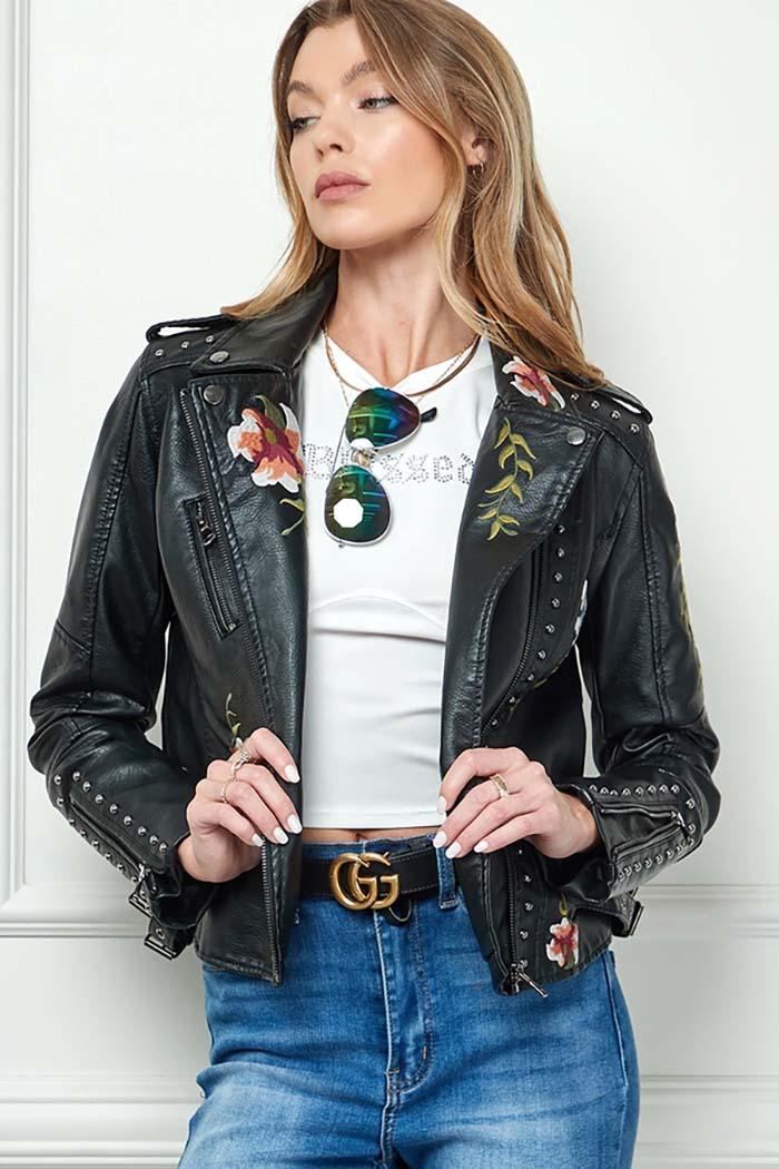 Floral Embroidery Leather Jacket Product Image