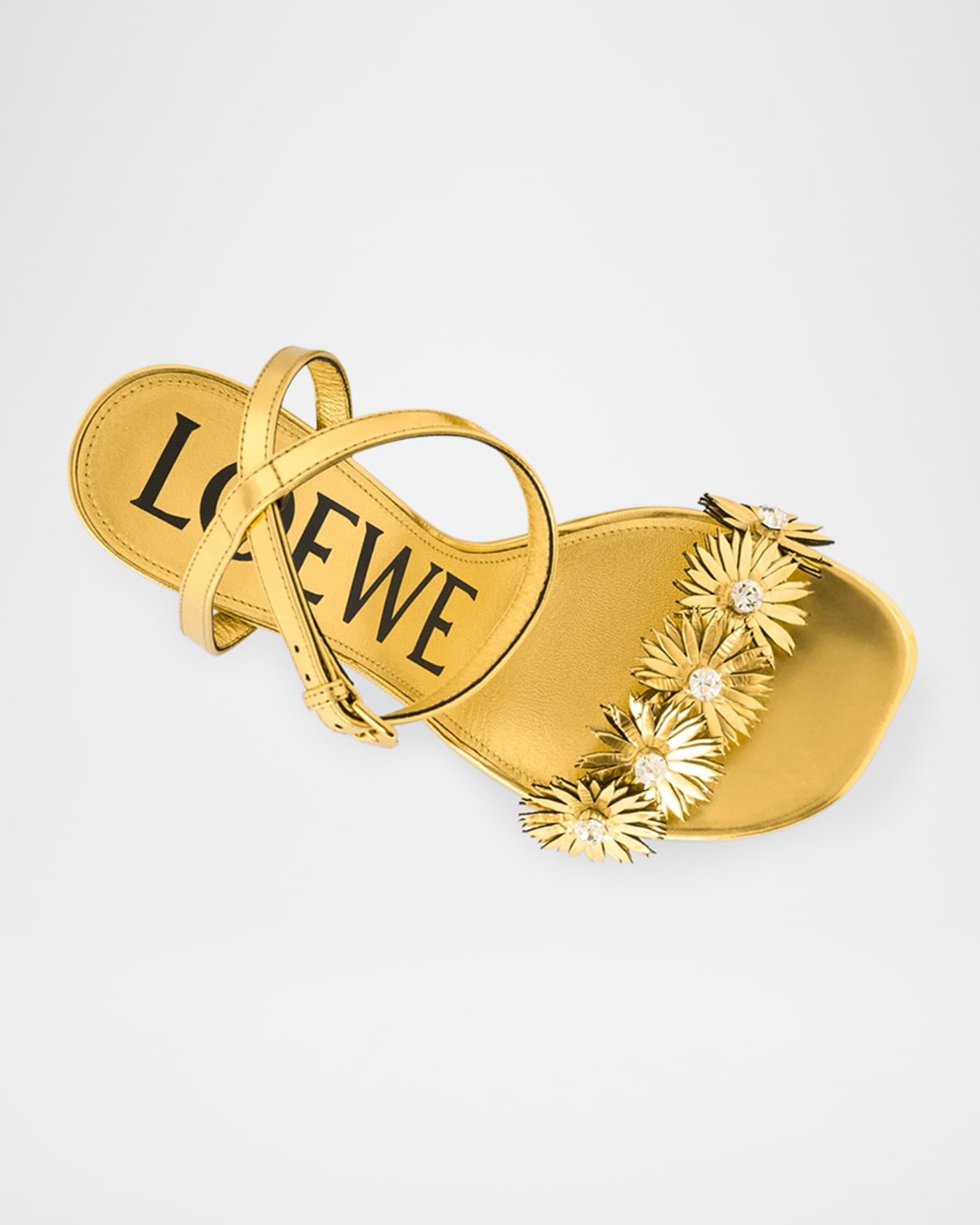 Crystal Flower Metallic Leather Ankle-Strap Sandals Product Image