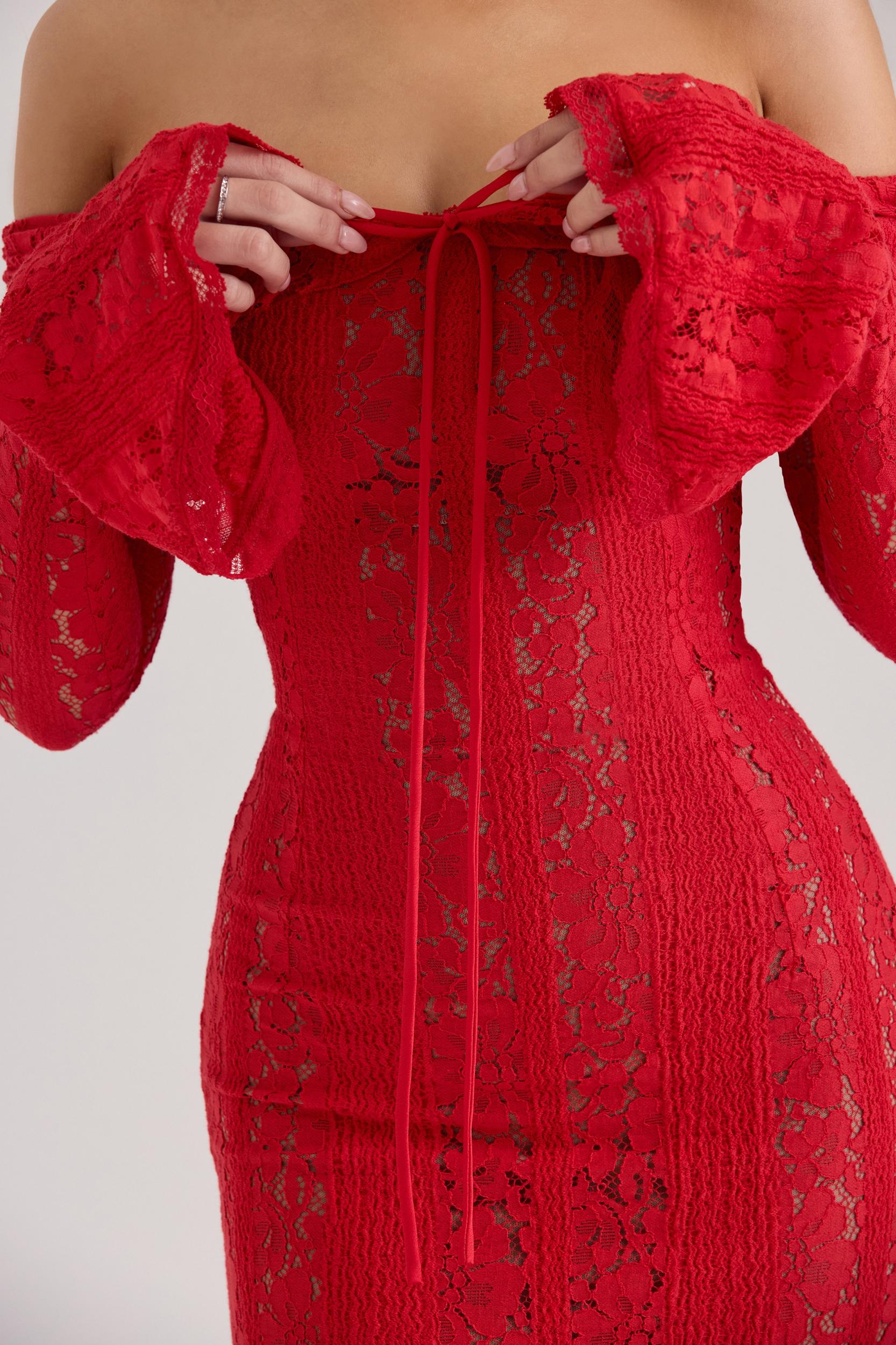 Belle  red off shoulder floral lace maxi dress Product Image