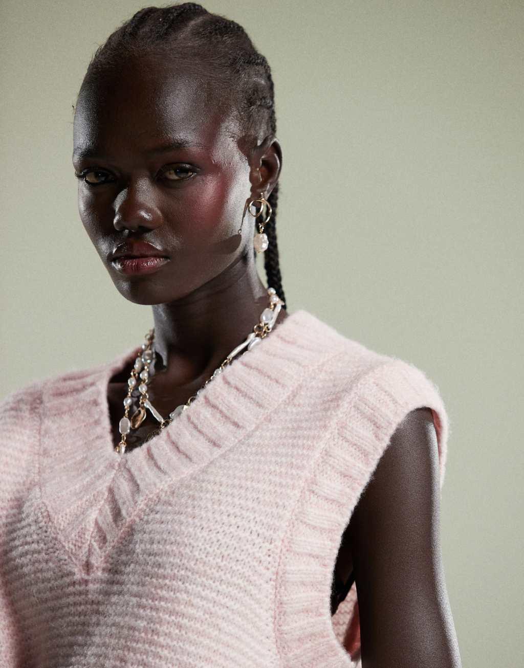 ASOS DESIGN knit V-neck tank with chunky trim in pink Product Image