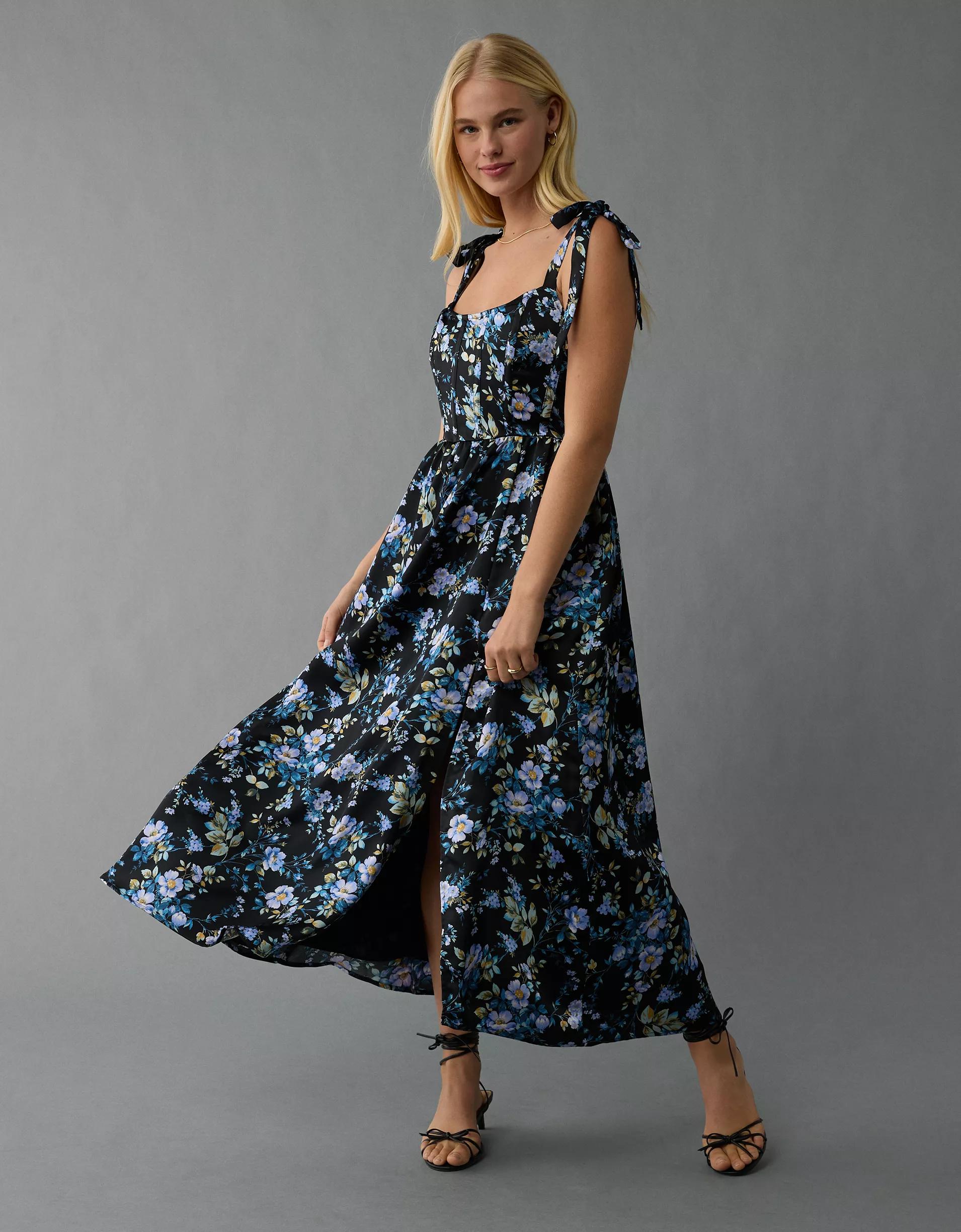 AE Corset Tie Strap Floral Midi Dress Product Image
