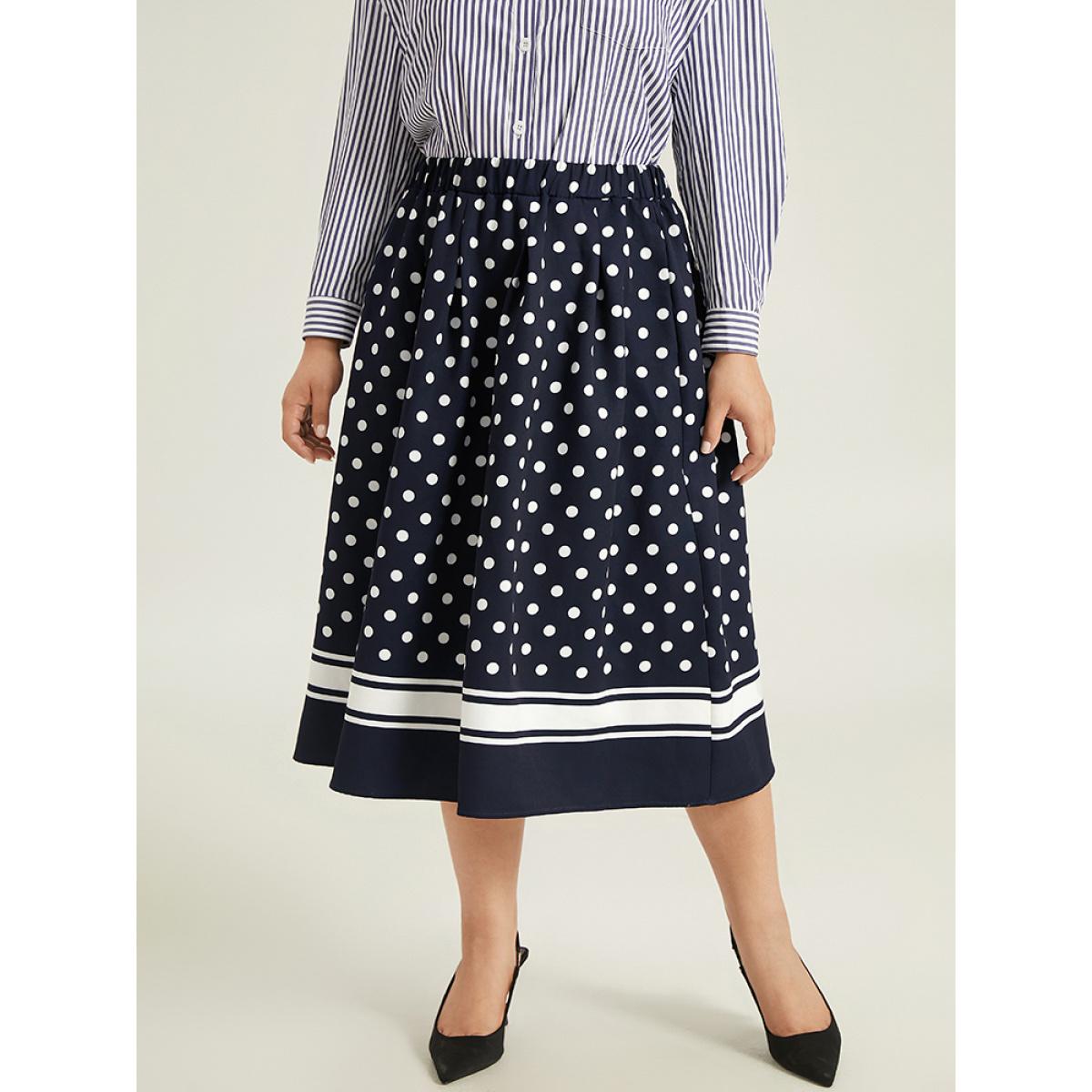Plus Size Polka Dot Elastic Waist Contrast Skirt Women Indigo Office A-line No stretch Pocket Office Skirts BloomChic 30/6X Product Image