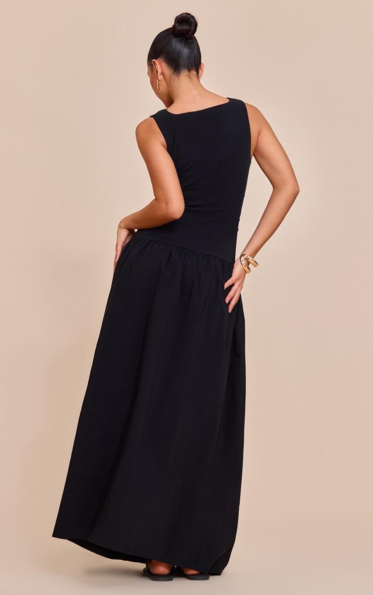 Black Stretch Woven Ruched Detail Drop Waist Maxi Dress Product Image