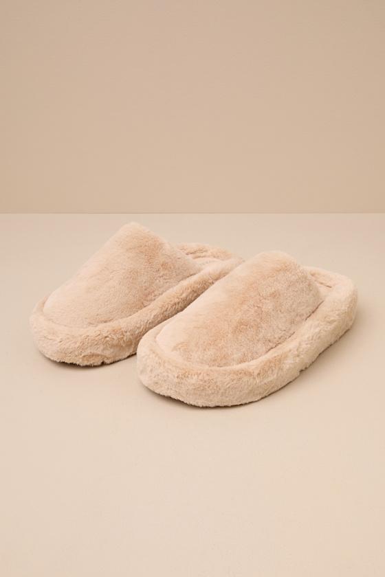 Socozee Beige Faux Fur Flatform Slippers Product Image