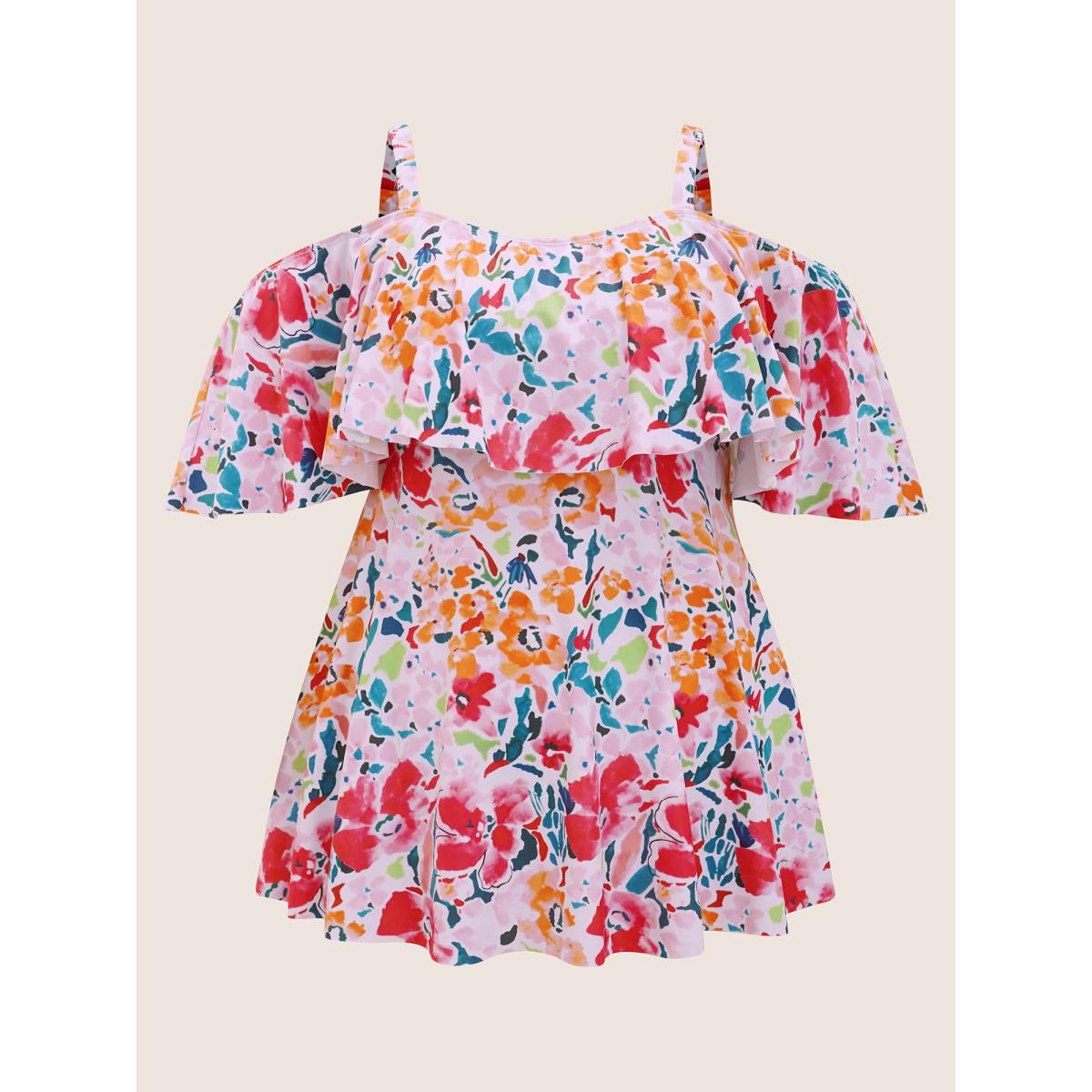 Plus Size Tropical Adjustable Straps Cold Shoulder Ruffles Trim Swim Dress Women's Swimwear Peach Beach Bodycon One-shoulder neck High stretch Curve Swim Dresses BloomChic 30/6X Product Image