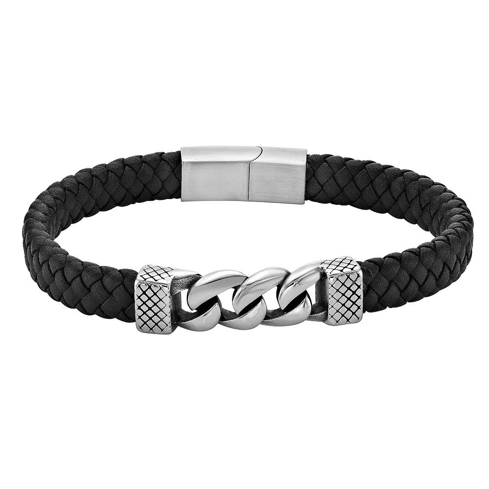 Men's LYNX Stainless Steel & Braided Black Leather Bracelet,  Product Image