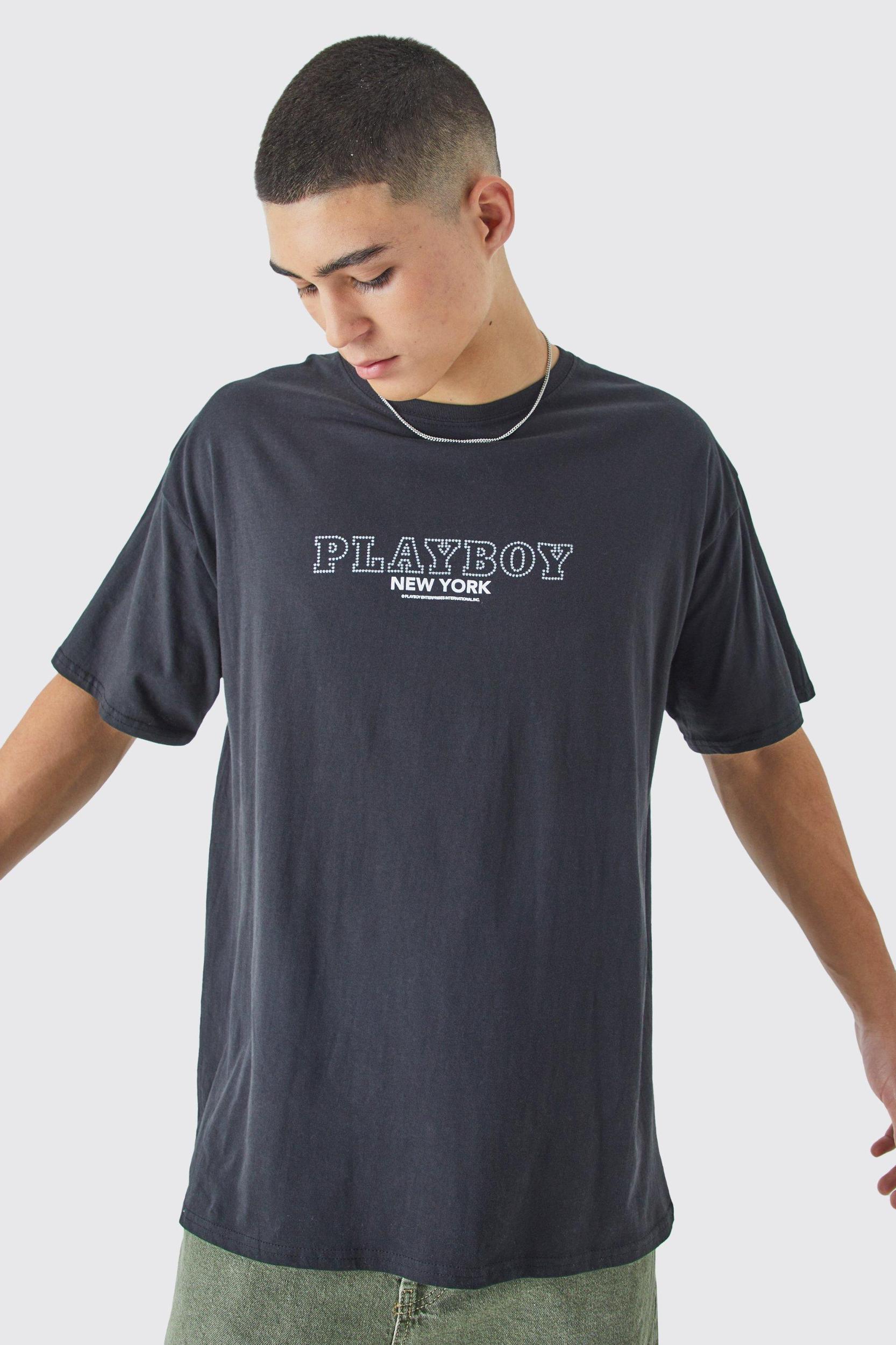 Oversized Playboy Rhinestone License T-shirt | boohooMAN USA Product Image