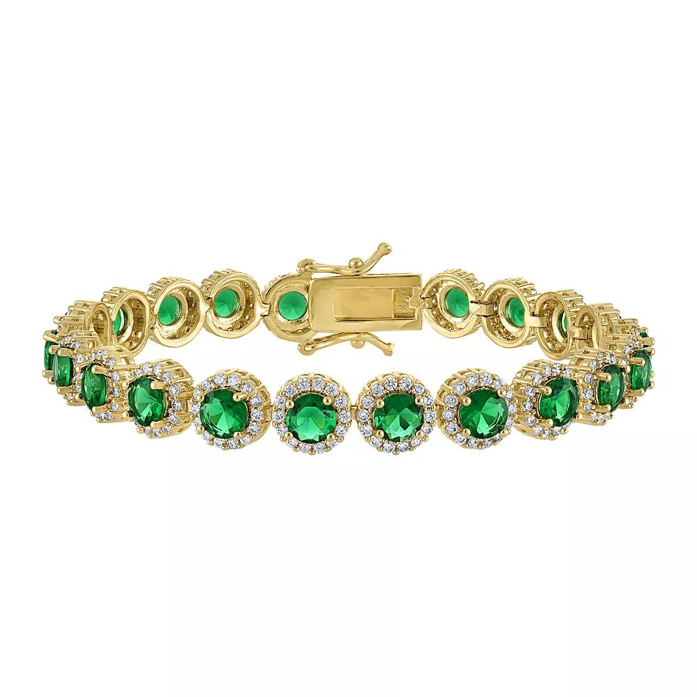 Ivy Sharpe Gold Plated Simulated Gemstone Halo Tennis Bracelet, Women's, Size: 7.25", Gold Tone Green Product Image