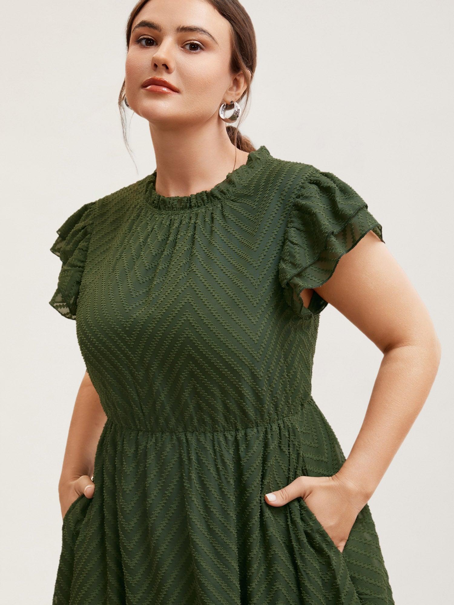 Plain Geometric Layered Sleeve Pocket Ruffle Mock Neck Dress Female Product Image