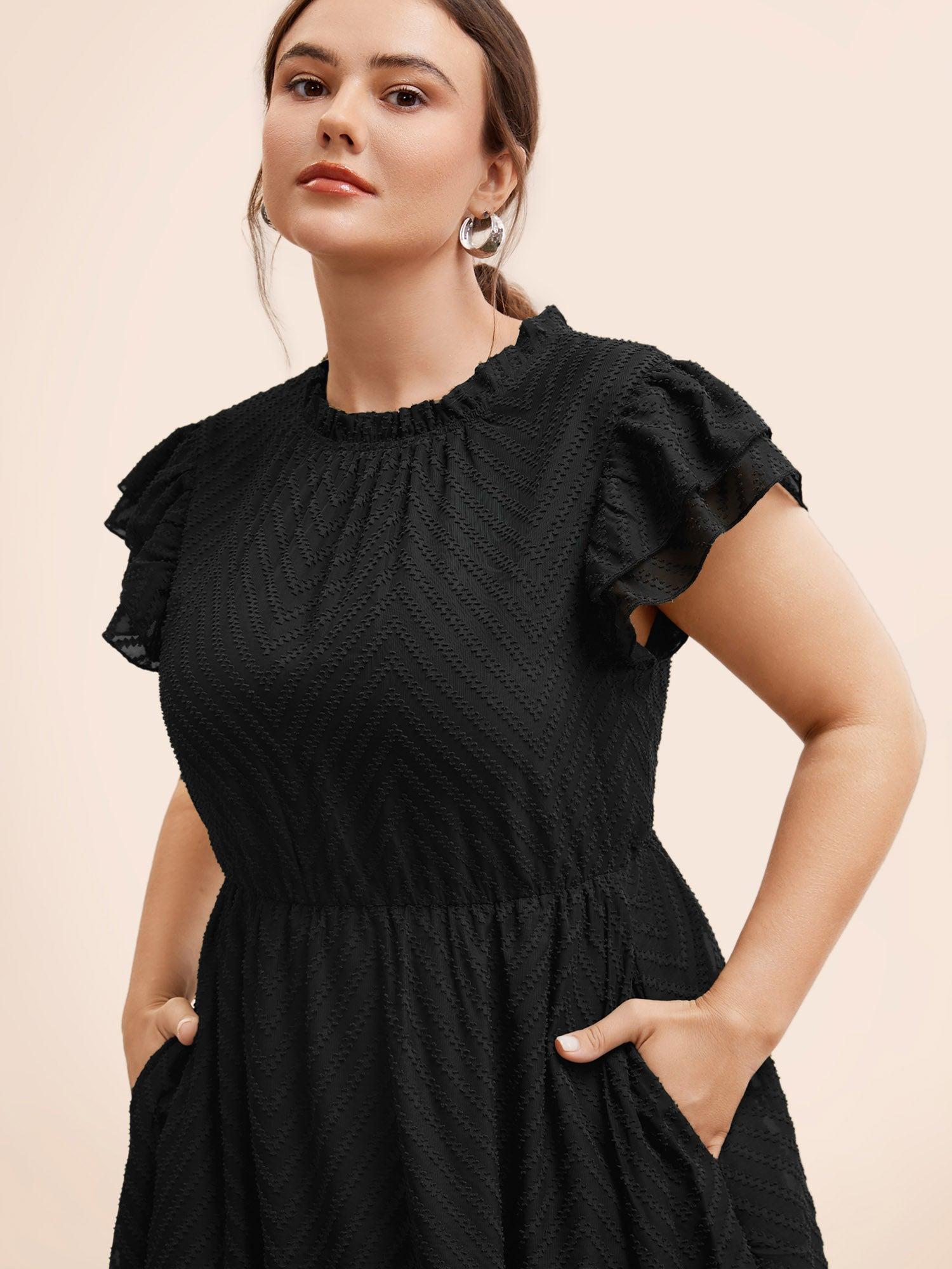 Plain Geometric Layered Sleeve Pocket Ruffle Mock Neck Dress Female Product Image