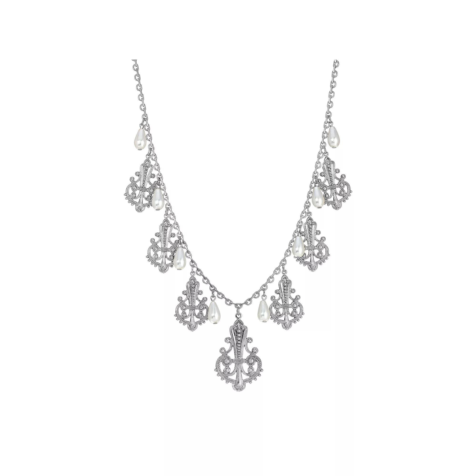 1928 Faux Pearl Drops Necklace, Womens, White Product Image