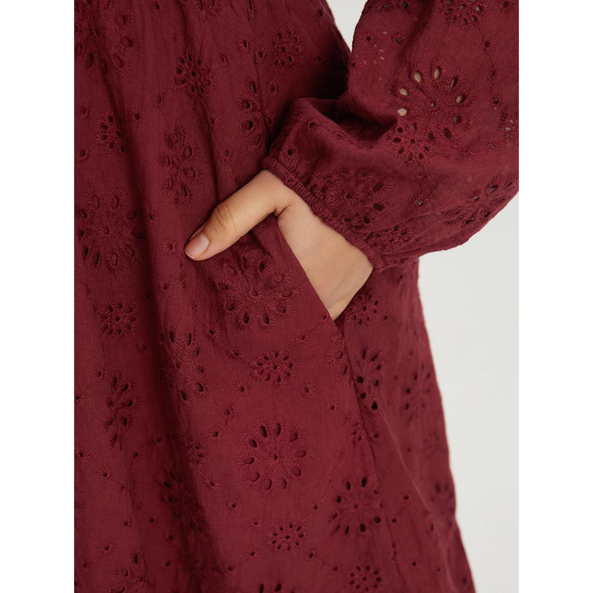 Plus Size Plain Geometric Eyelet Notched Lantern Sleeve Dress Burgundy Women Vacation Elastic cuffs Notched collar Long Sleeve Curvy Midi Dress BloomChic 18-20/2X Product Image
