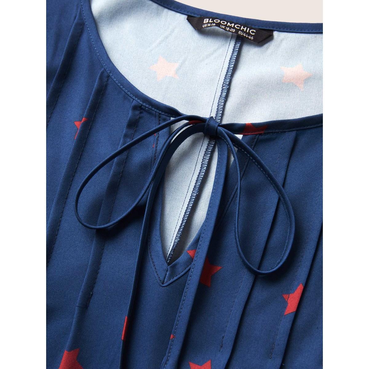 Plus Size Star Pleated Tie Knot Ruffle Sleeve Dress Mediumblue Women Casual Notched collar Short sleeve Curvy BloomChic 10/M Product Image