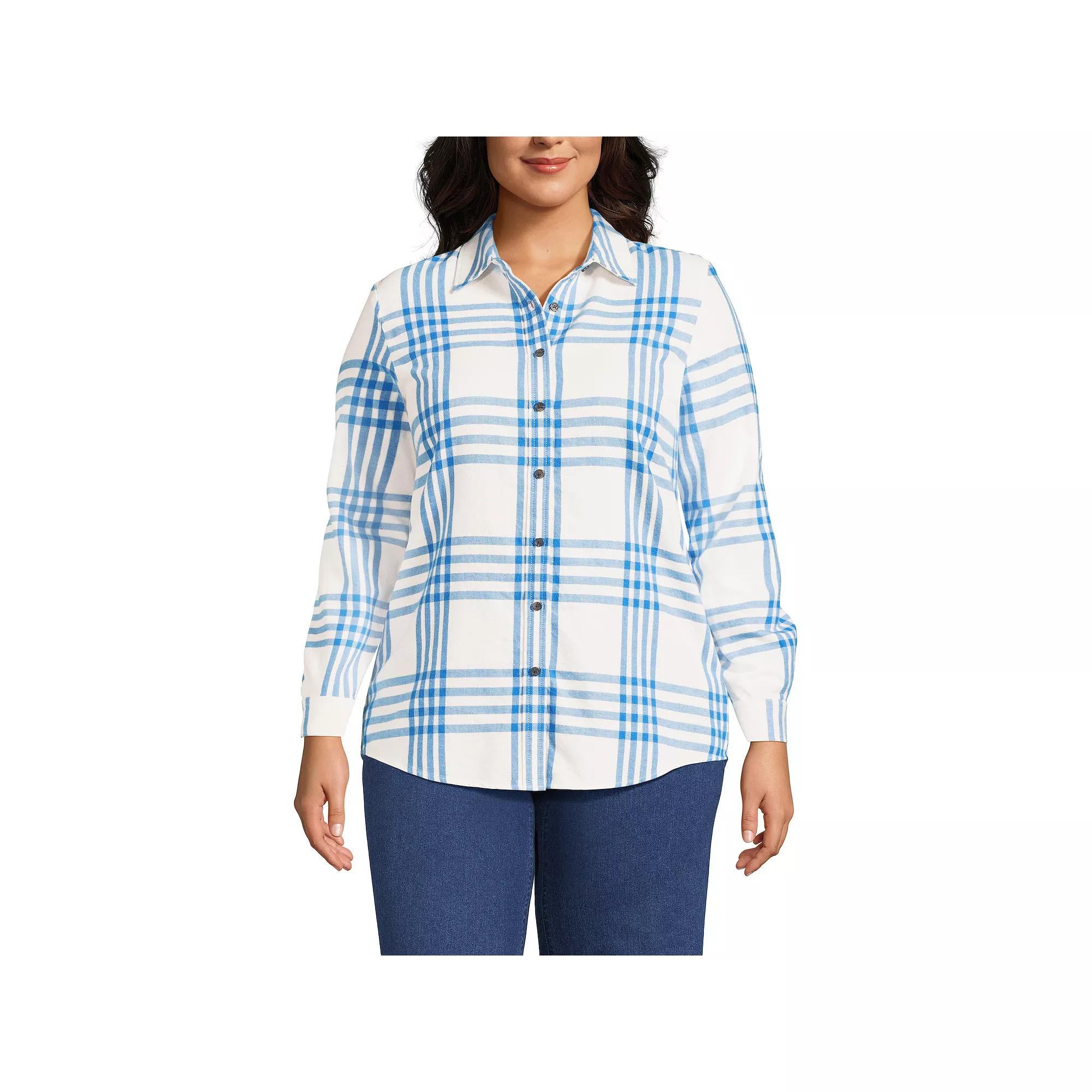 Plus Size Lands' End Plaid Boyfriend Flannel Shirt, Women's, Size: 2XL, Ivory Blue Plaid Product Image