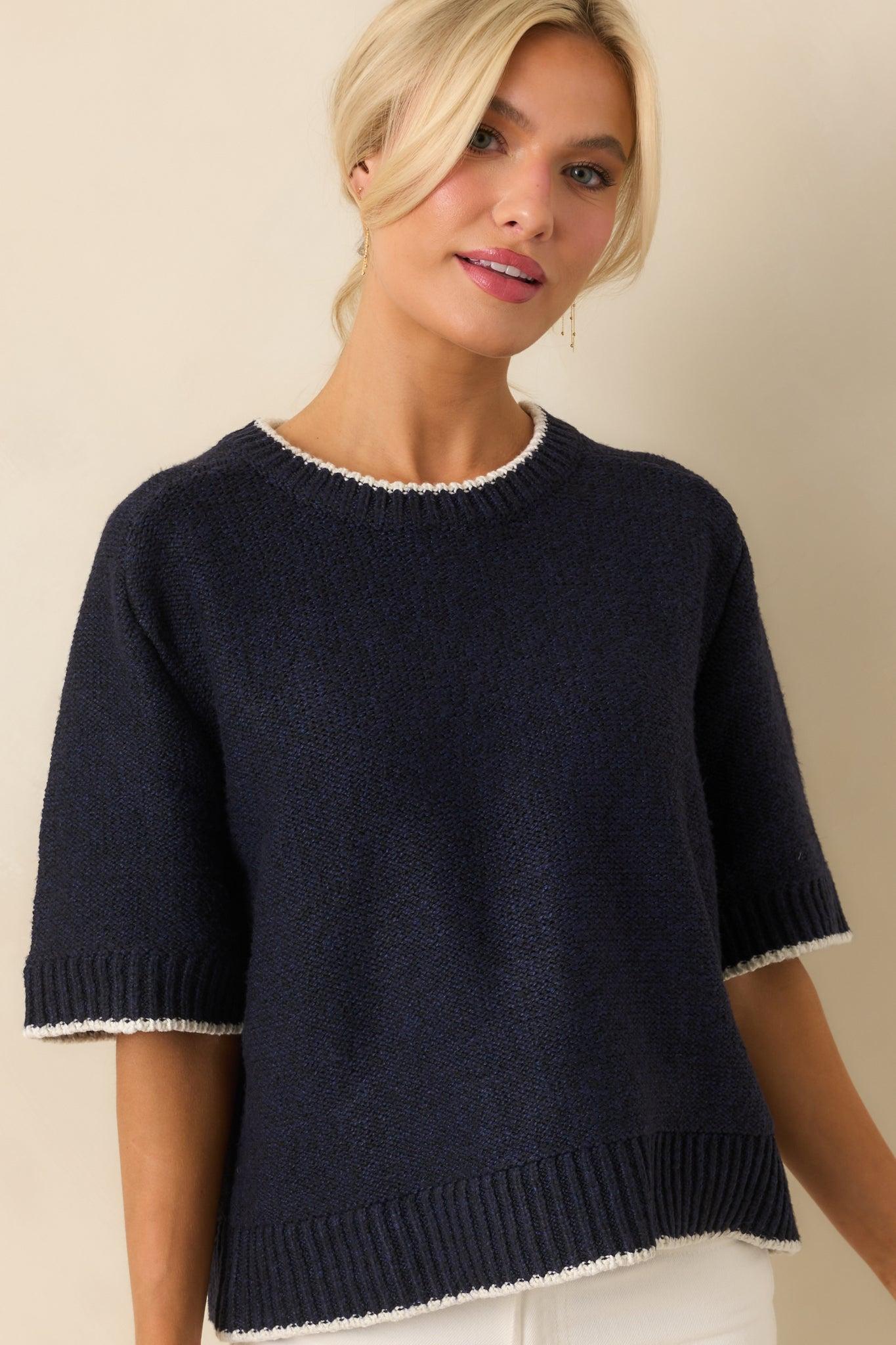 Never Looked Back Navy Contrast Trim Short Sleeve Sweater L / Navy Product Image