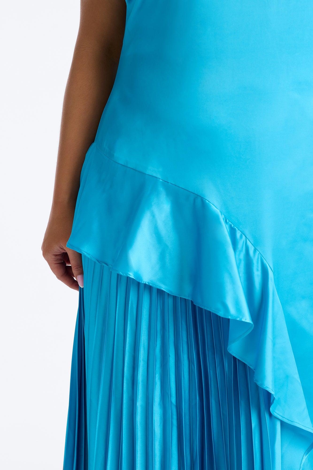 Veronica Pleated Ruffle Satin Gown - Blue Female Product Image