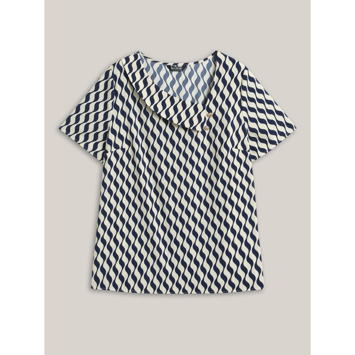 Plus Size Indigo Wavy Print Asymmetrical Neckline Blouse Women Short sleeve Asymmetrical Neck Work Blouses BloomChic 14-16/1X Product Image