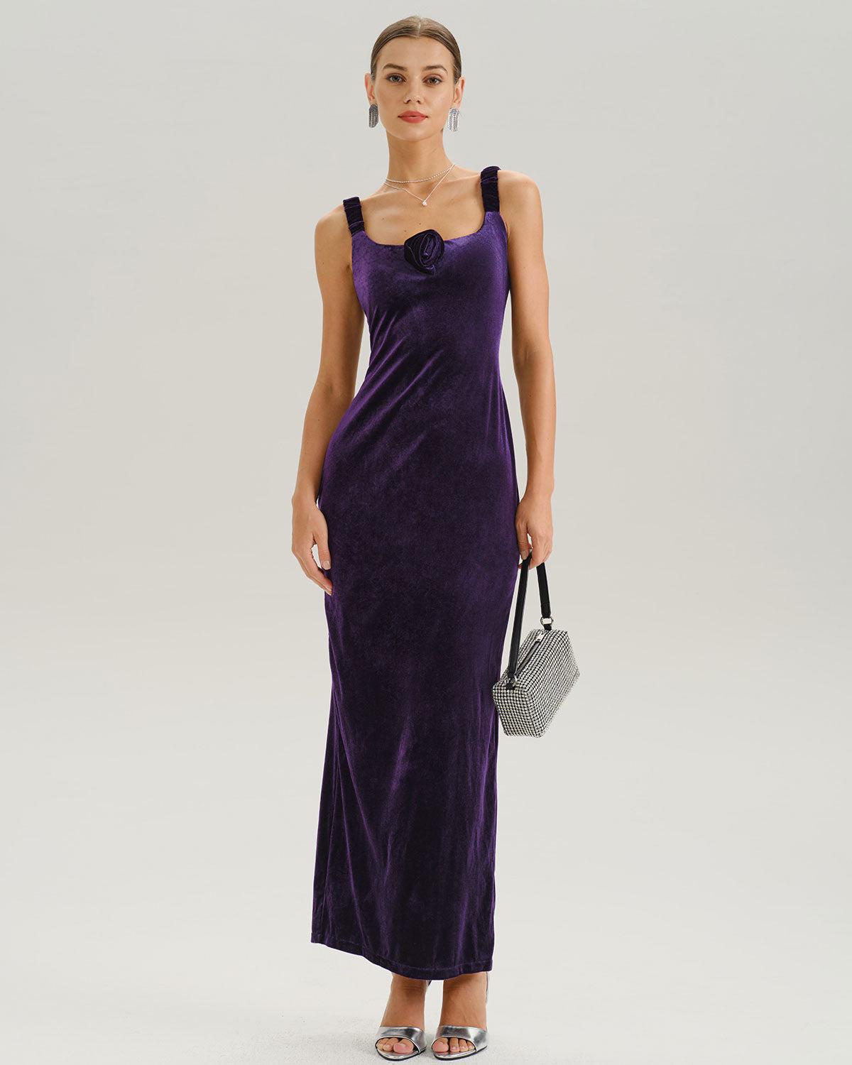 Purple U Neck Bodycon Velvet Maxi Dress Product Image