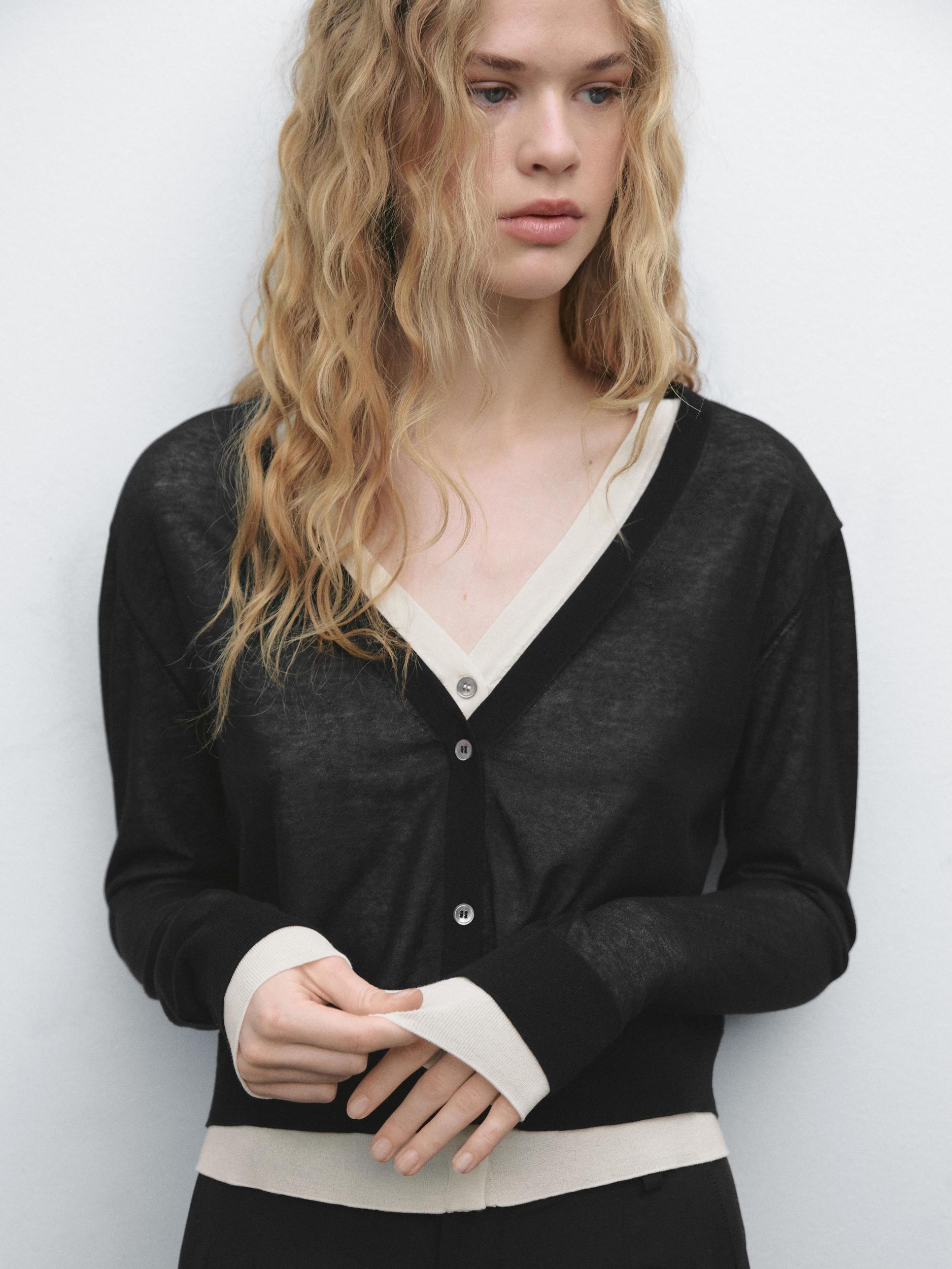 Cotton blend double-layer knit cardigan Product Image