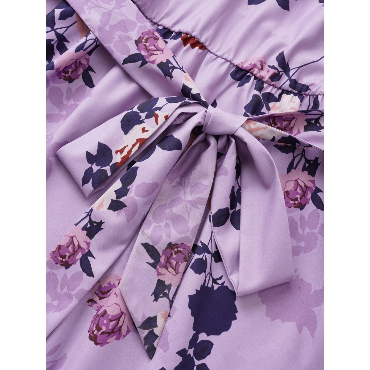 Plus Size Floral Print Belted Pocket Frill Trim Dress Lilac Women Elegant Non Round Neck Elbow-length sleeve Curvy Knee Dress BloomChic 28/5X Product Image