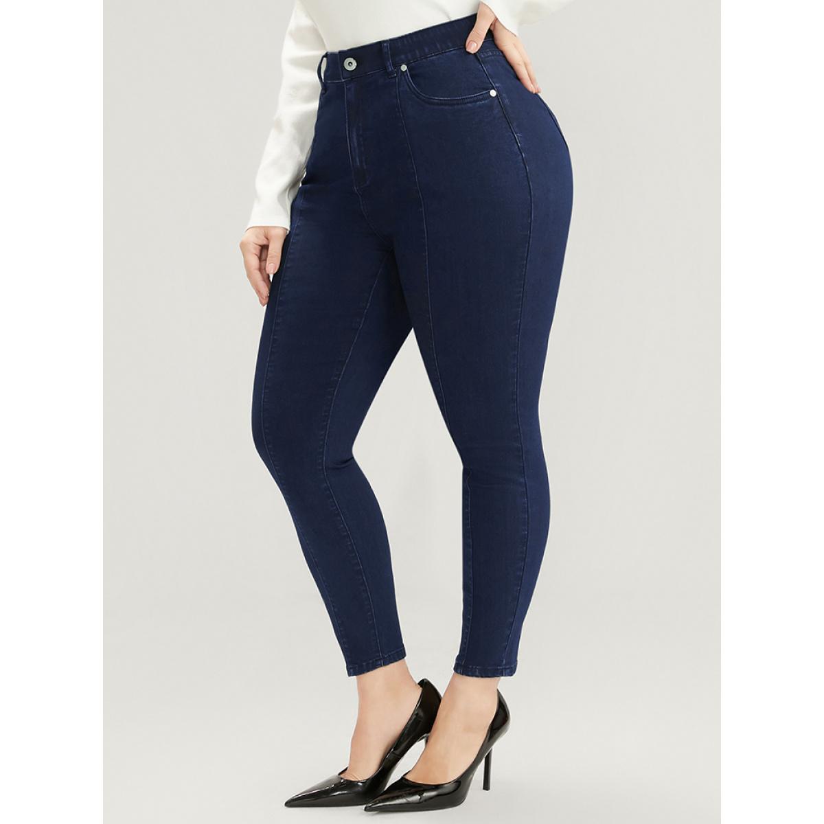 Plus Size Skinny Very Stretchy High Rise Dark Wash Pocket Ankle Jeans Women Indigo Office Plain High stretch Pocket Jeans BloomChic 10/M Product Image