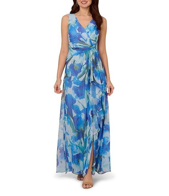 Adrianna Papell Chiffon Floral Print V-Neck Sleeveless Front Twist Sheath Gown Product Image