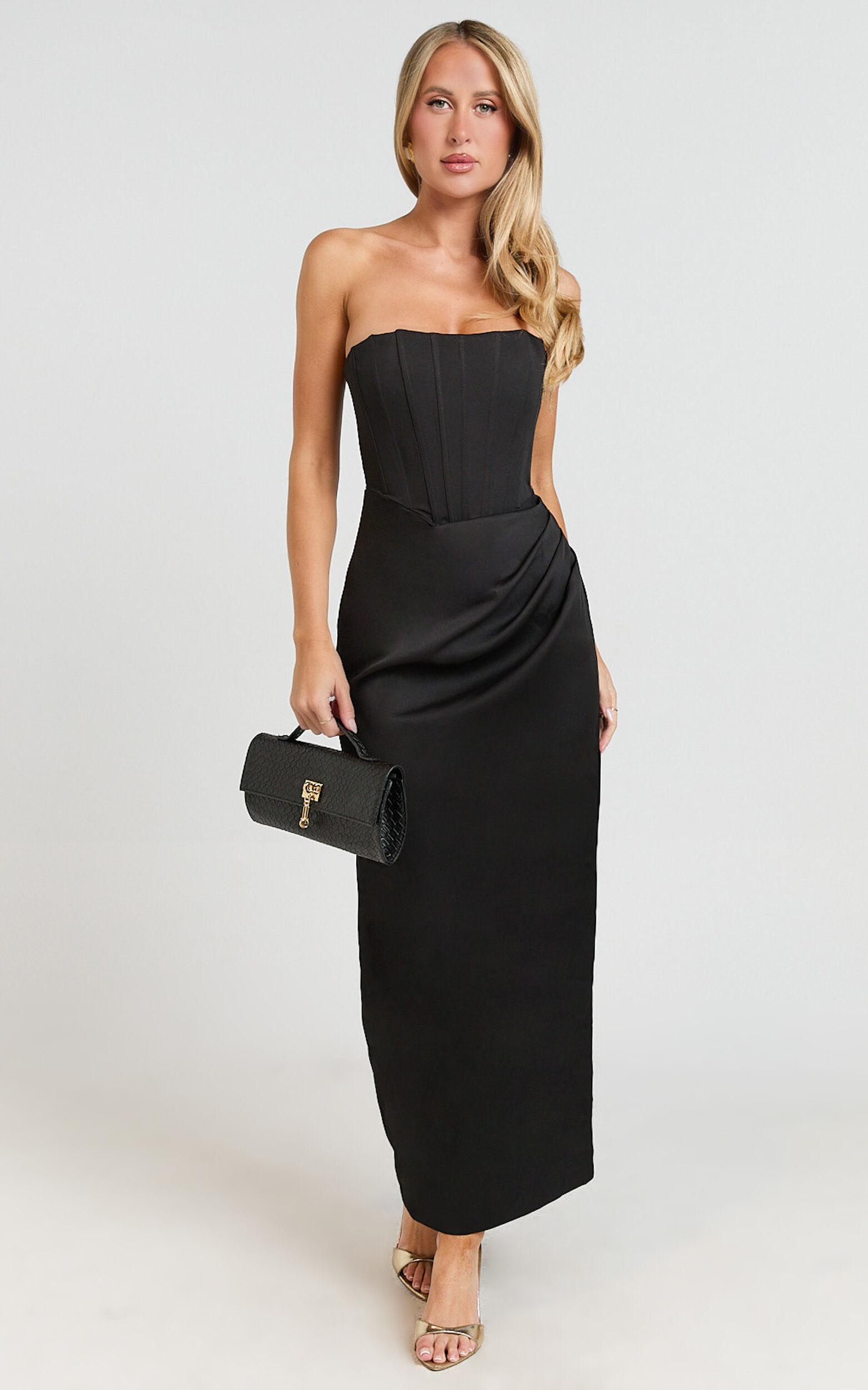 Avery Midi Dress - Strapless Draped Side Split Dress in Black Product Image