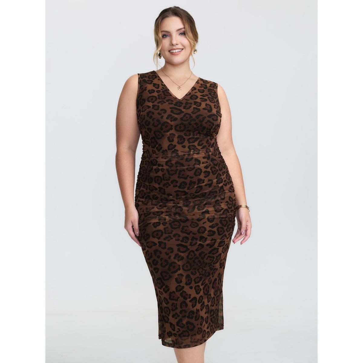 Plus Size Leopard Print Ruched Sleeveless Dress Leopard Women Romantic Asymmetrical Neck Sleeveless Curvy BloomChic 12/L Product Image