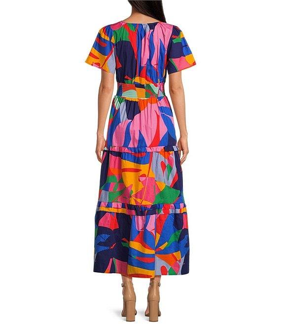 Sugarlips Palmer Abstract Printed Multi Color V-Neck Short Sleeve Poplin Tiered Smocked Waist Maxi Dress Product Image