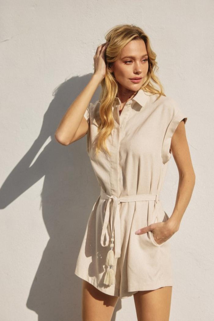 Button Down Tassle Belted Romper Product Image