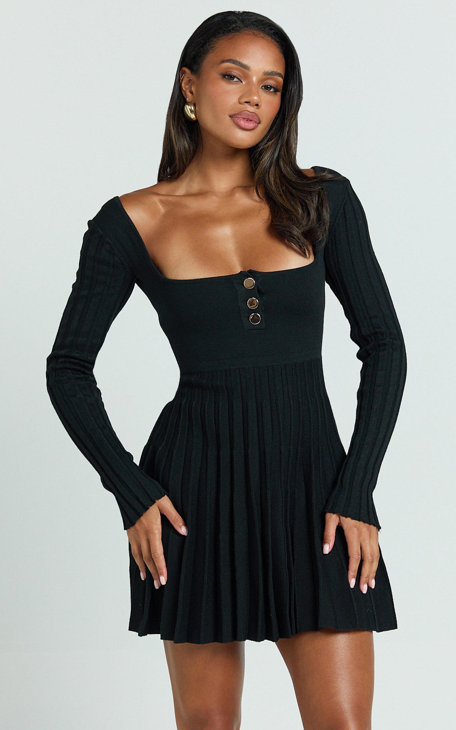 Hansen Mini Dress - Square Neck Long Sleeve Fit And Flare Pleated Dress in Black Product Image