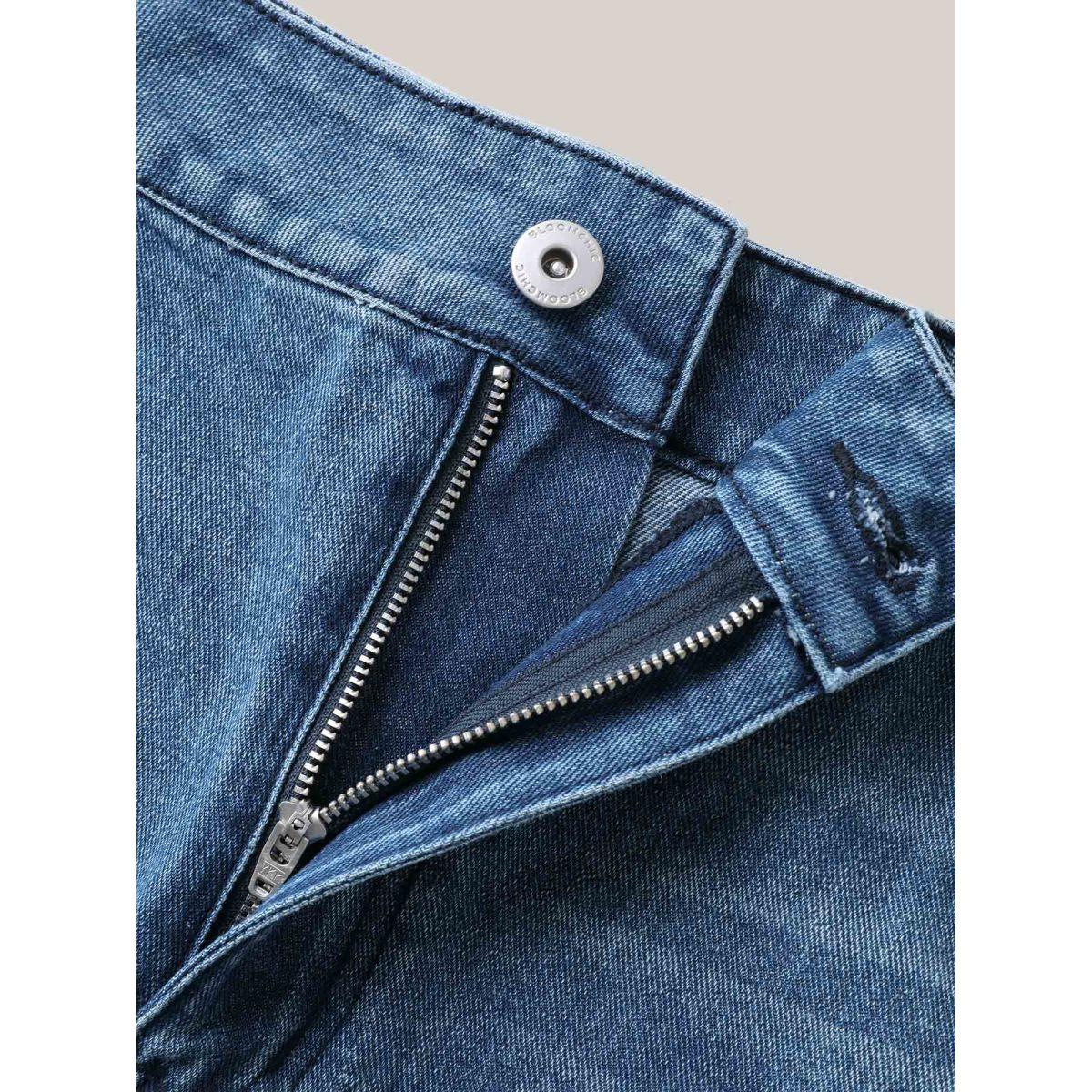 Plus Size A-Line Midi Denim Skirt Women Midblue Everyday-Casual No stretch Medium Wash 28/5X Slanted pocket Denim Skirts BloomChic Product Image