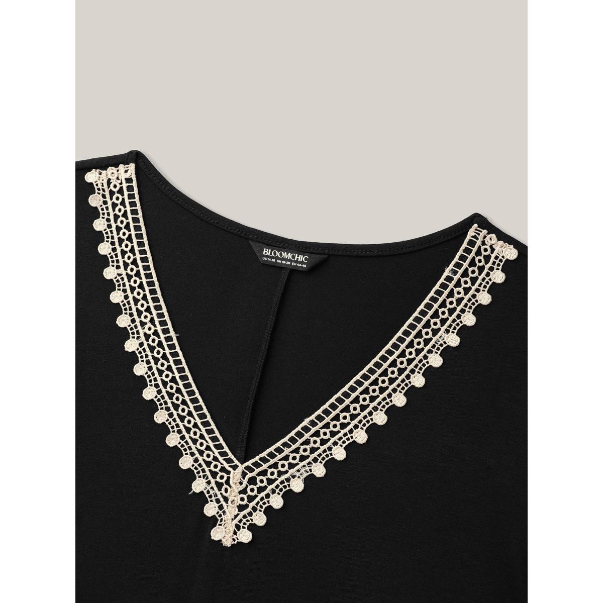 Plus Size Super Soft V-Neck Lace Midi Dress Black Women Boho Woven ribbon&lace trim Knit Dresses Bloomchic 18-20/2X Product Image