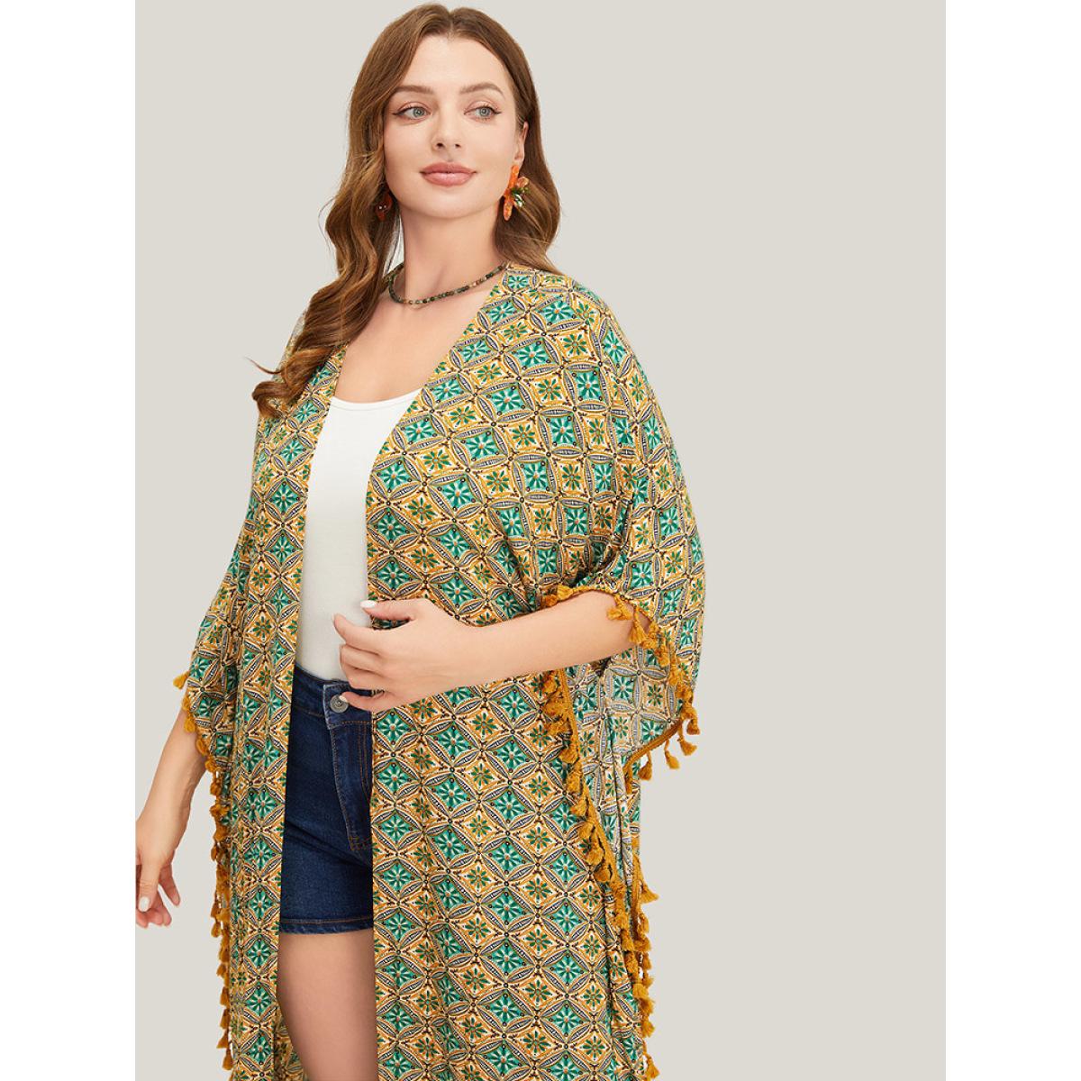 Plus Size Bandana Batwing Sleeve Tassels Trim Split Open Front Kimono Women Mint Vacation Loose Belt Dailywear Kimonos BloomChic 22-24/3X Product Image