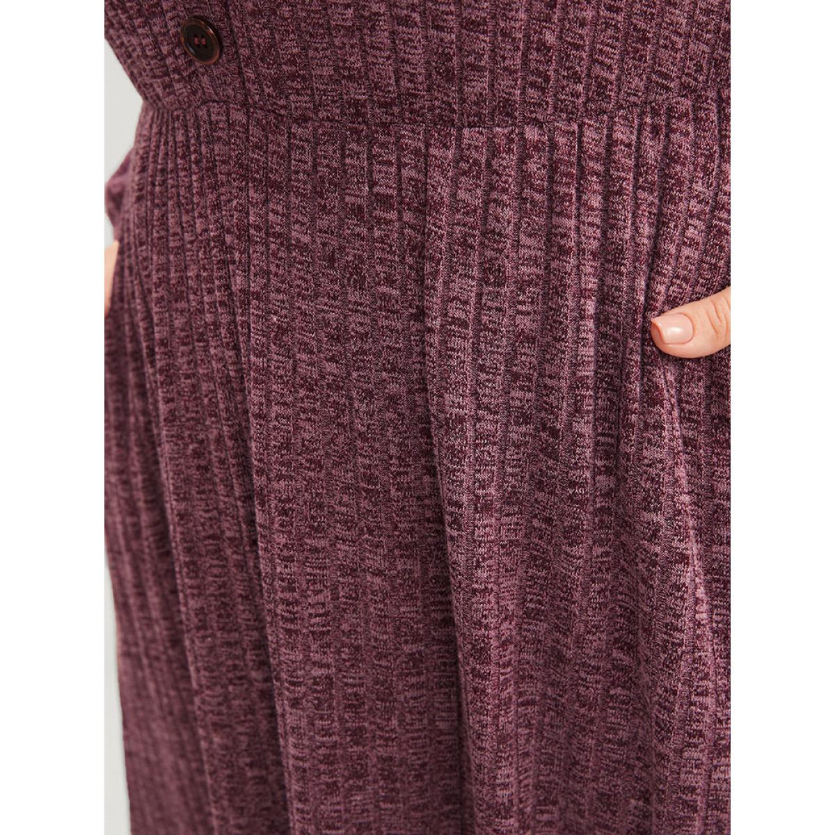 Plus Size Solid Button Detail Pocket Rib Knit Flutter Dress Burgundy Women Casual Elastic Waist V-neck Long Sleeve Curvy Midi Dress BloomChic 14-16/1X Product Image