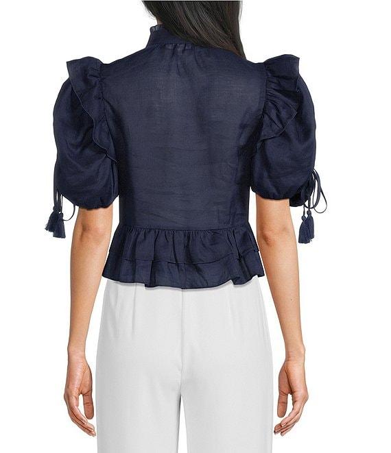 A Loves A Woven Ruffle Split V-Neck Short Bubble Sleeve Cropped Flounce Blouse Product Image
