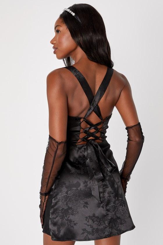 Exquisite Outlook Black Floral Jacquard Satin Lace-Up Mini Dress Product Image