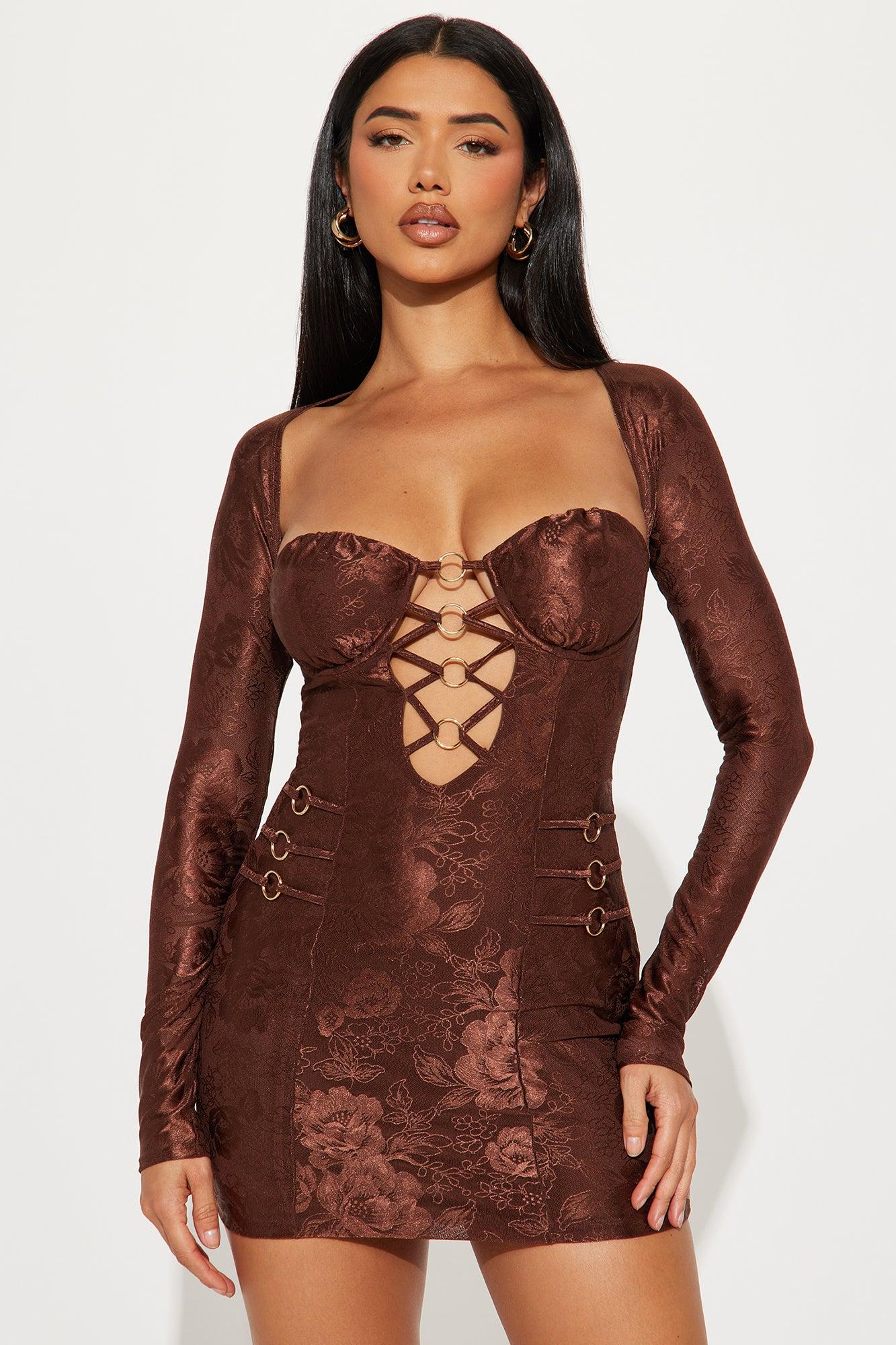 Liliana Lace Long Sleeve Mini Dress - Chocolate Product Image