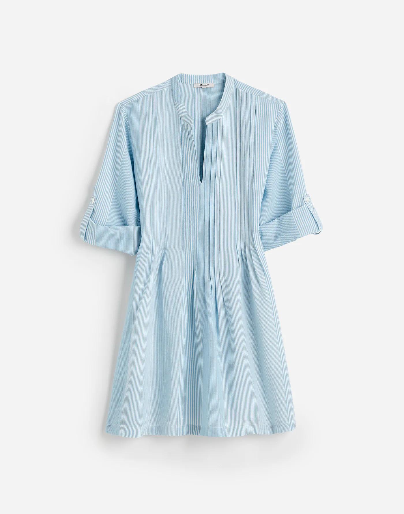 Pleated Splitneck Mini Shirtdress in Stripe Product Image