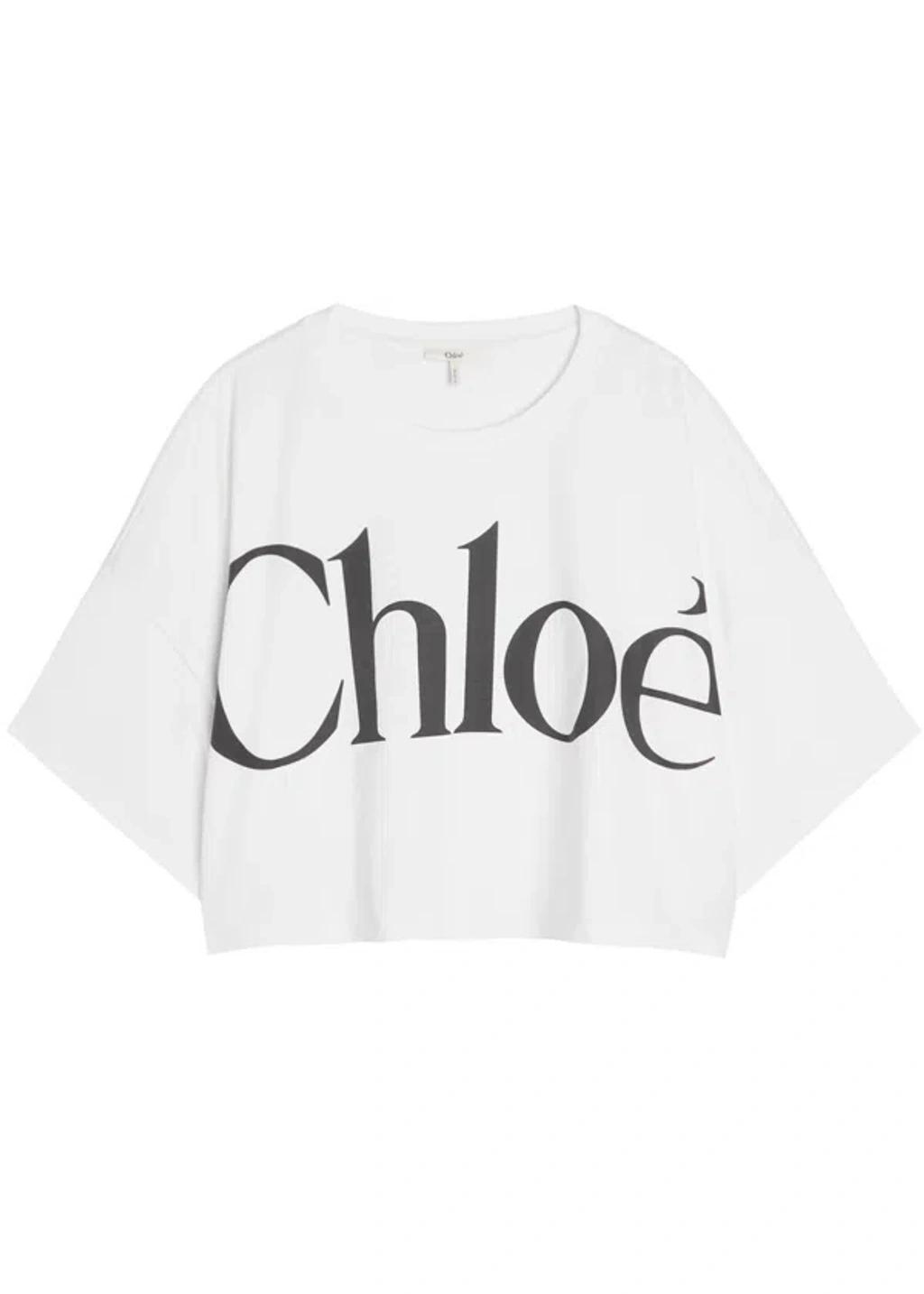 CHLOÉ White Cropped Crewneck T-shirt With Maxi Logo Print On The Front In Cotton Woman In Multicolor Product Image