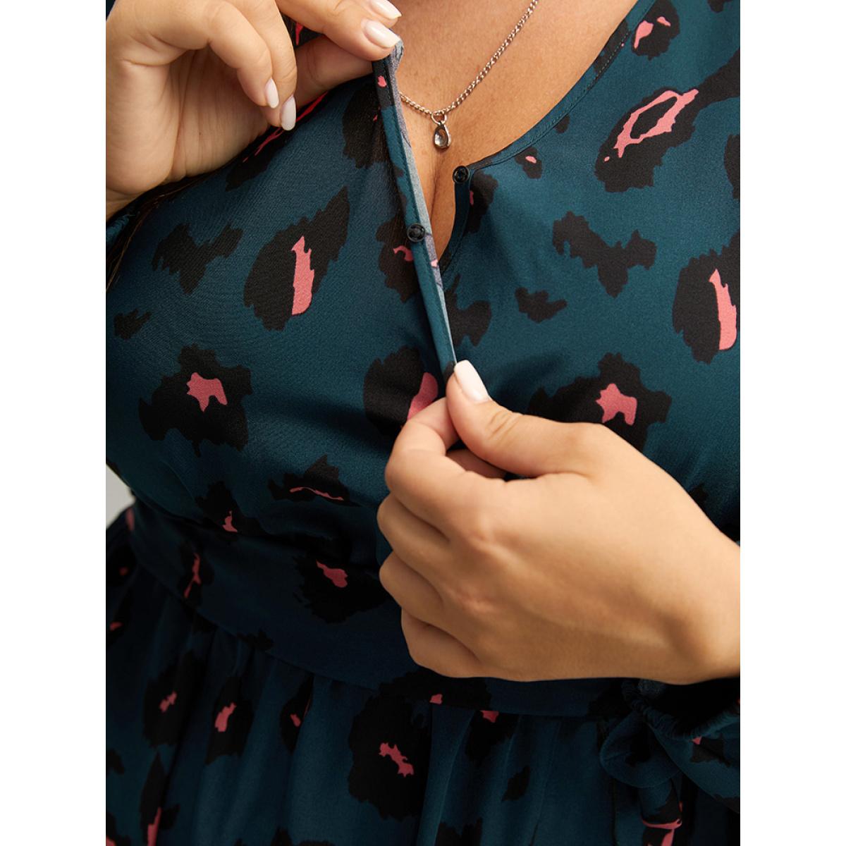 Plus Size Allover Print Surplice Neck Flutter Trim Dress DarkSlateGray Women Elegant Elastic cuffs V-neck Long Sleeve Curvy Midi Dress BloomChic 18-20/2X Product Image