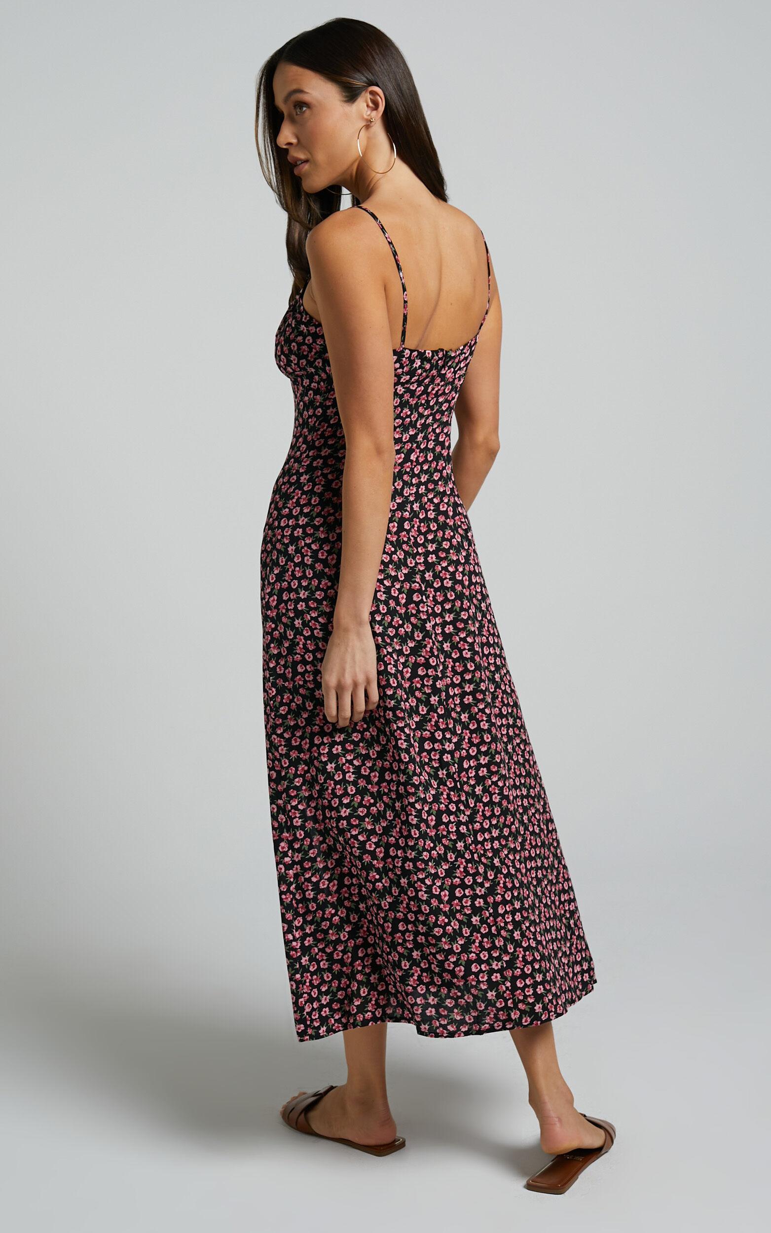 Willa Midi Dress - Ruched Bust Thigh Split Dress in Black Floral Product Image