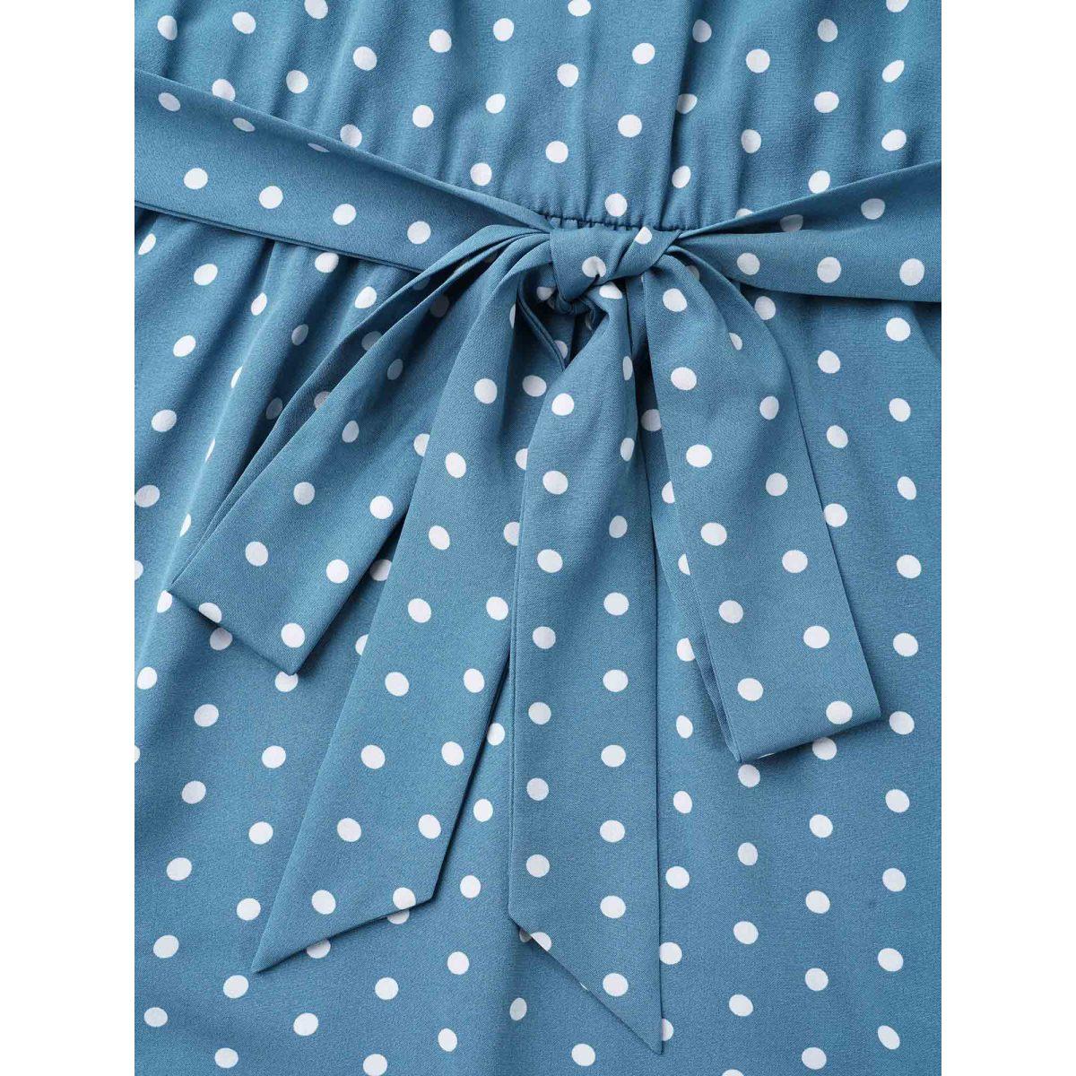 Plus Size Polka Dot Print Belted Stretchy Midi Dress Cerulean Women Elegant Belted Round Neck Half Sleeve Curvy BloomChic 28/5X Product Image