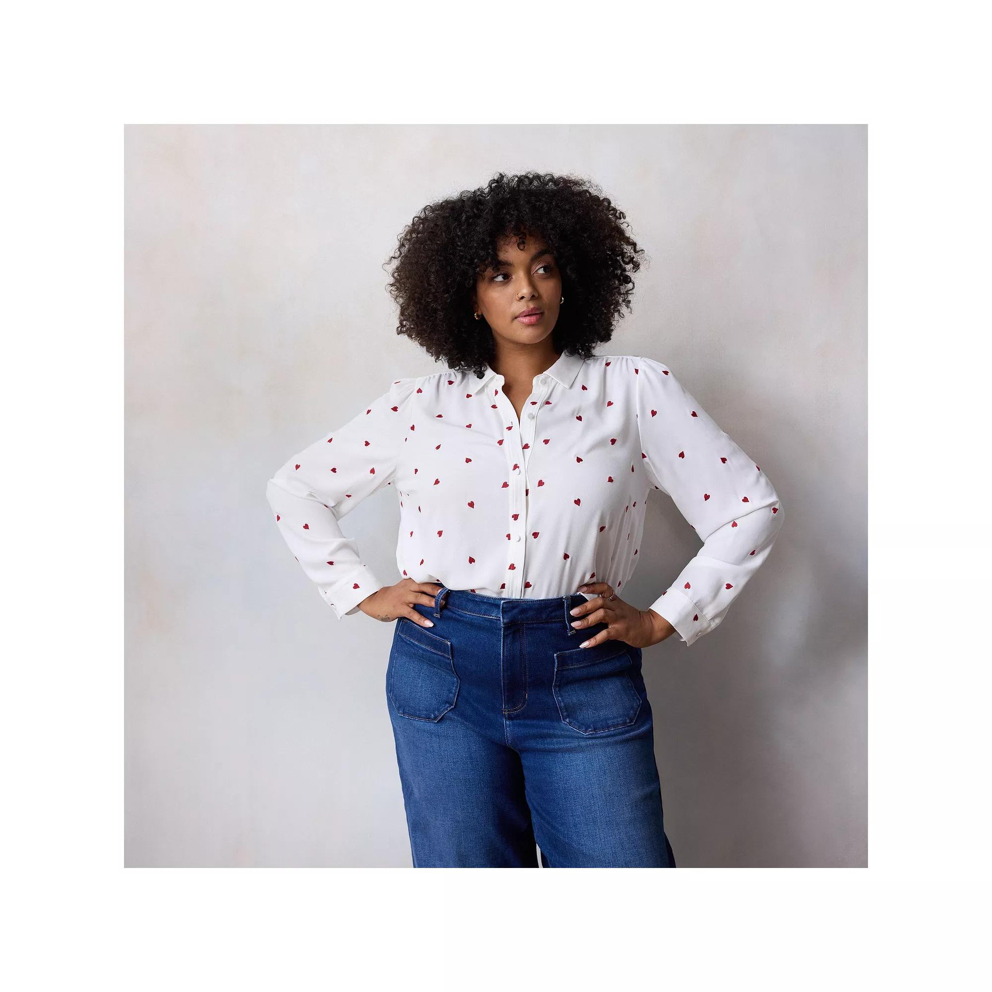Plus Size LC Lauren Conrad Collared Button-Front Shirt, Women's, Size: 4XL, Red Tossed Hearts Product Image