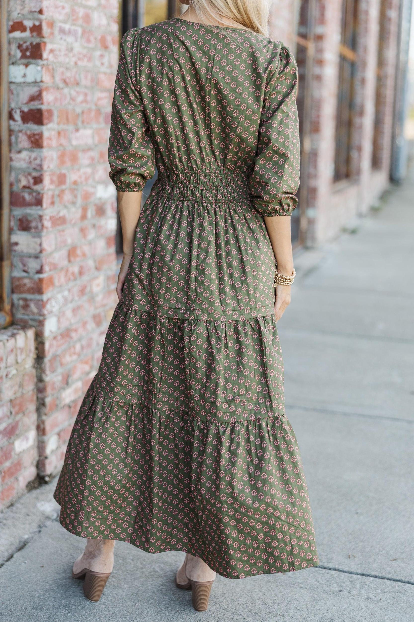 It's In The Air Olive Green Floral 3/4 Sleeve Midi Dress Female Product Image